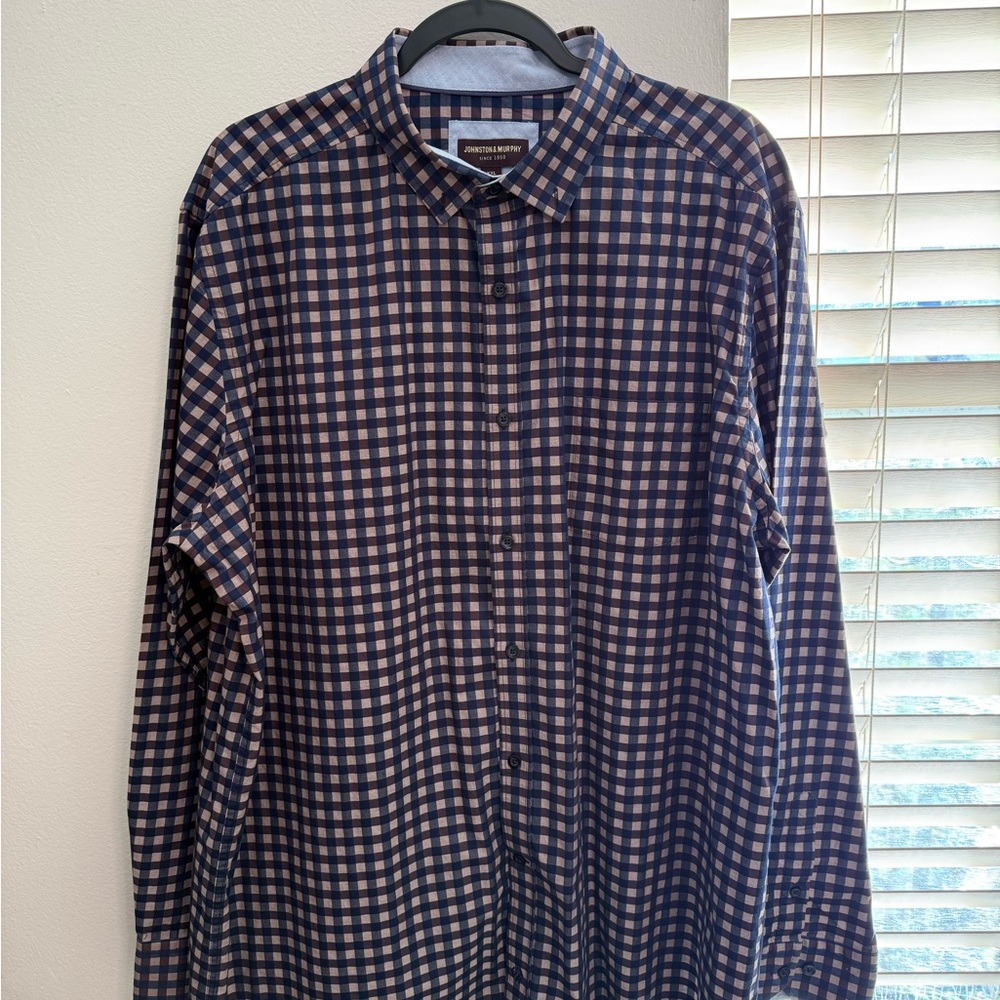 Johnston & Murphy Navy and Cream Plaid Shirt